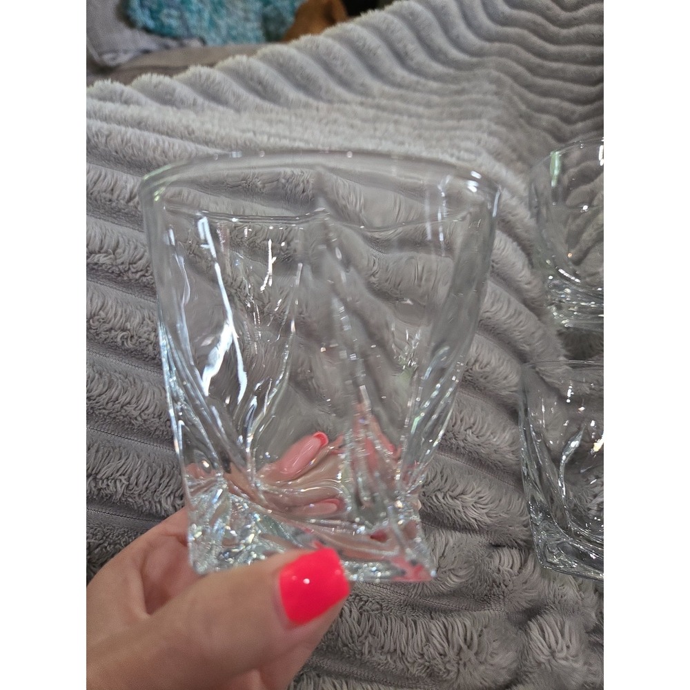 Set of 3 Twist Whiskey Glasses Square Base Lowball Tumblers Pressed Glass 3.5"